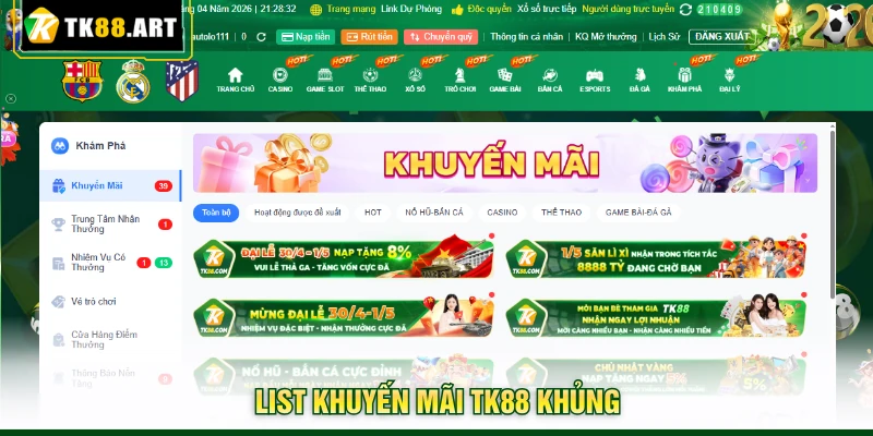Khuyến Mãi TK88 - Nhận Ngàn Deal Khủng Giá Trị 2026 2 List khuyến mãi TK88 khủng